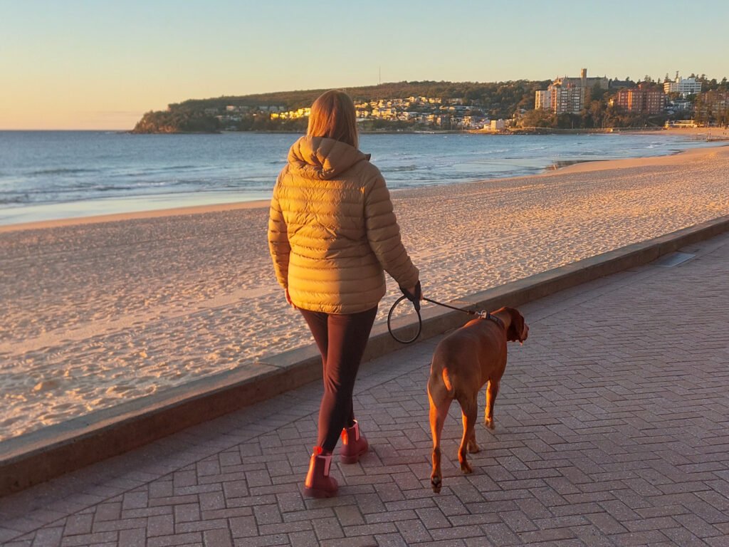 Ella walking with Vern during our housesit in Manly